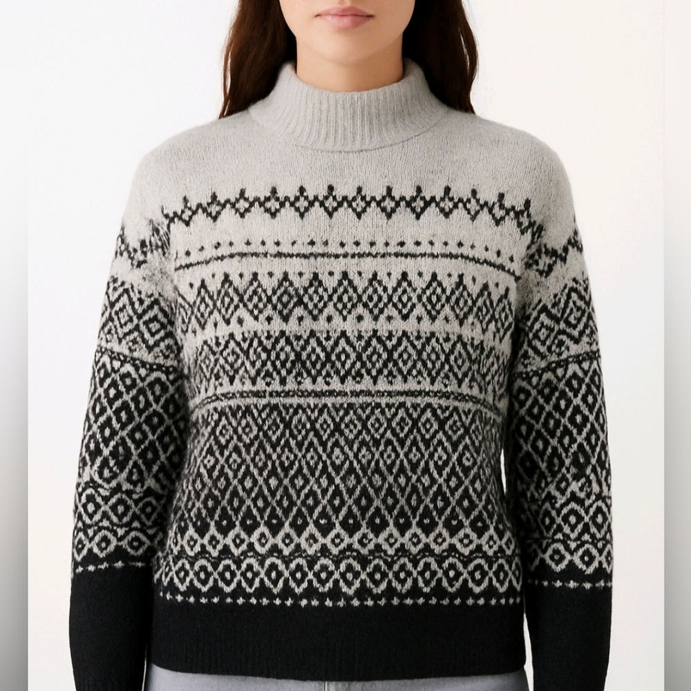 Joie Sweater Fair Isle Nordic Mock Neck Black & White Long Slv Pullover …
